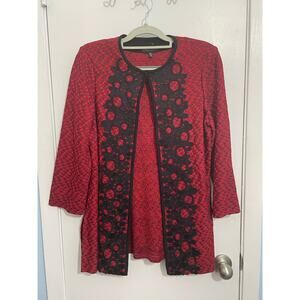 Ming Wang Marled Knit Cardigan Sweater XS Red Black Embroidered Country Club NWT